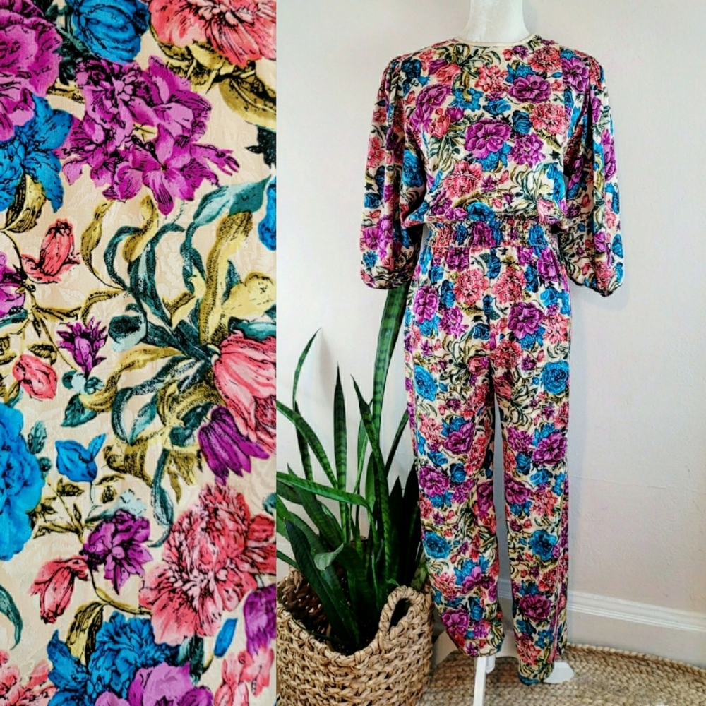 VTG 80s Diane Freis Silk Floral Jumpsuit
